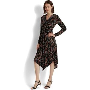 LAUREN RALPH LAUREN WOMENS BLACK FLORAL SURPLICE JERSEY DRESS SIZE 8
